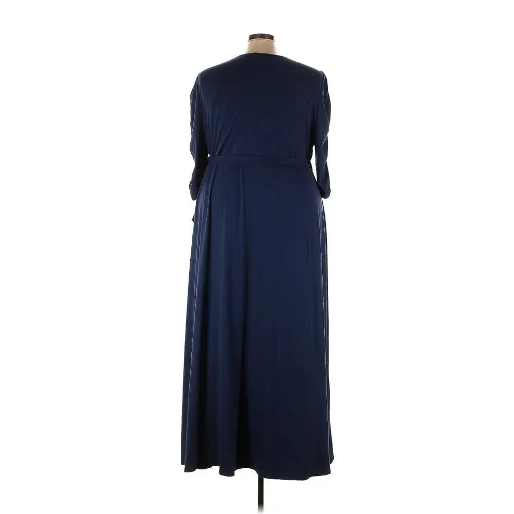 Kiyonna Dress Meadow Dream Style 5X Maxi True Wrap Slimming Navy Blue Ruched